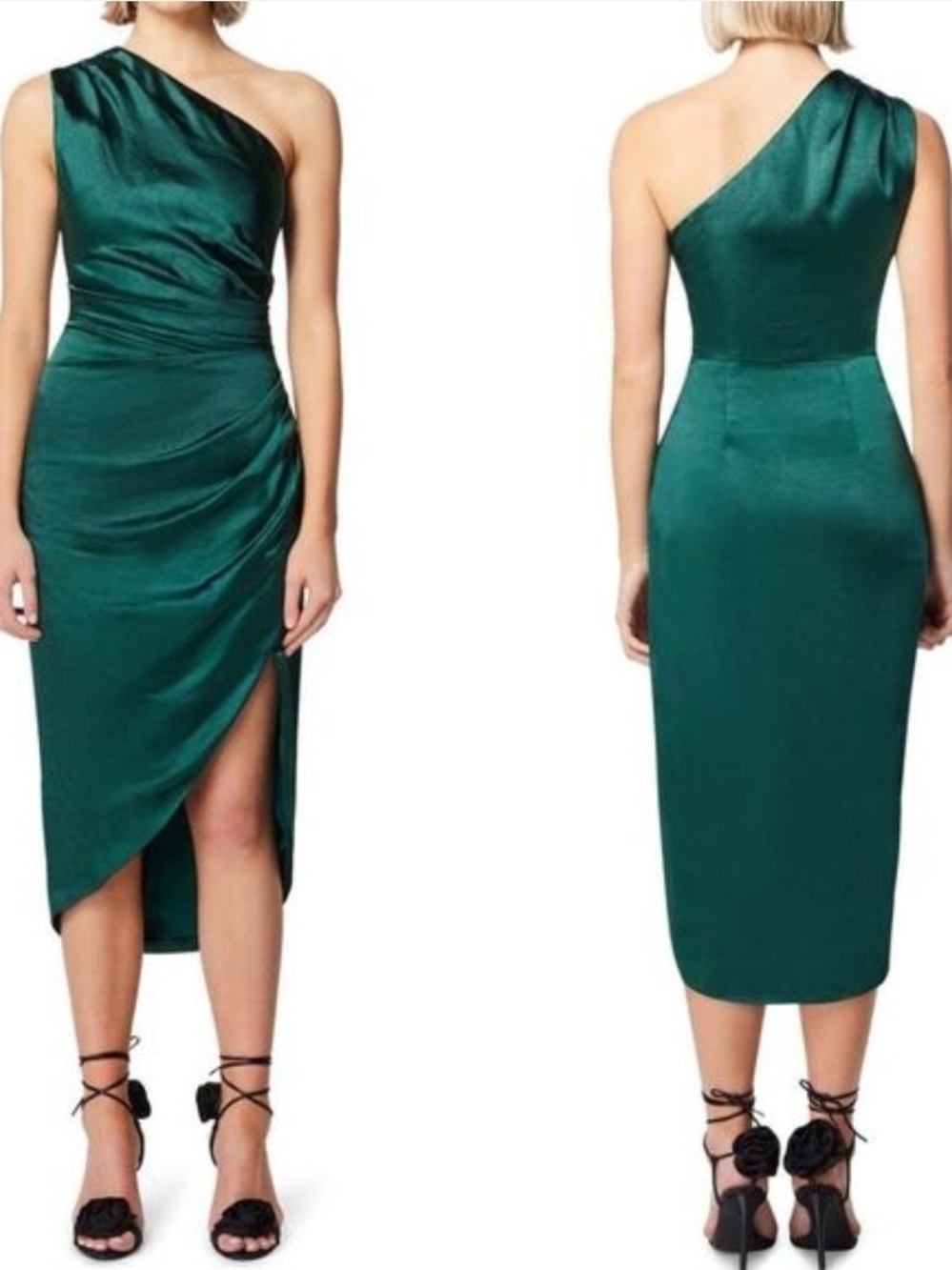 NWT, Elliatt, Cassini Dress, Size S, One-Shoulder Emerald Satin Midi Dress